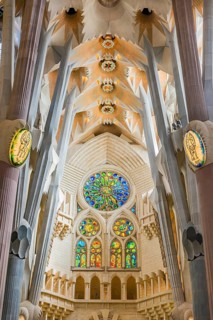 Interior view of the Familia Sagrada by the architect Antonio Gaudi in Barcelona, Spain, Europe