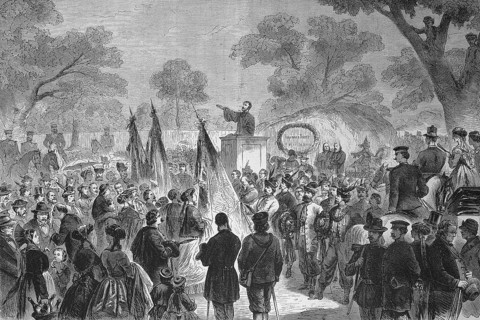 Czech pilgrimage to the monument of John Huss, boulder with the golden inscription John Hus, in