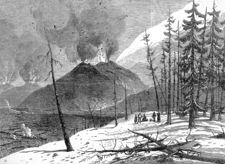 Eruption of Etna Volcano, Etna, in 1865, Sicily, Italy, Historical, digitally restored reproduction