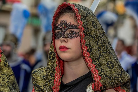 Woman in historic clothes, Moors and Christians Parade, Moros y Cristianos, Jijona or Xixona,