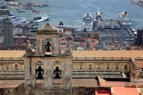 View from Castell Sant' Elmo over the Certosa si San Martino to the city, Naples, Campania, Italy,