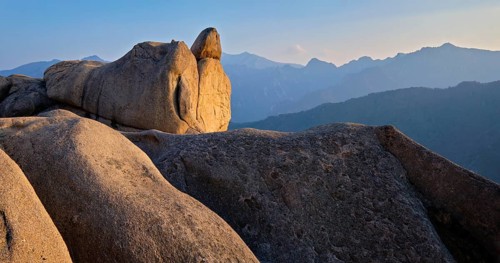 View of stones and rock formations from Ulsanbawi rock peak on sunset. Seoraksan National Park,