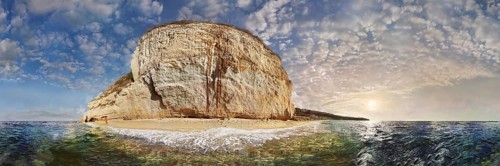 360° panorama with the small sandy beach Mare di Tropea below the mighty sandstone rock of the