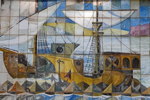 Painted wall tiles with seafarer motif on the castle hill, Cartagena, Region of Murcia, Spain,