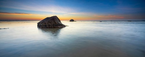 Panorama, Large boulders on the beach of the Baltic Sea at sunset, Wismar Bay, Baltic Sea,