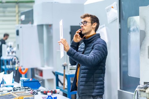 Engineer talking to the mobile in a computer numeric control factory