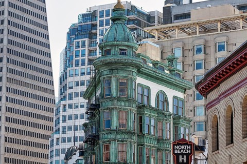 Columbus Tower, Sentinel Building, Francis Ford Coppola Building, Flatiron style, copper green,