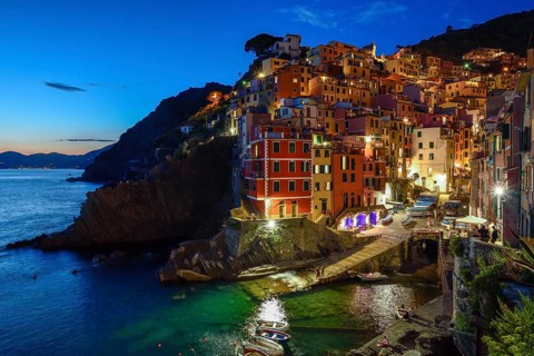 Fishing village of Riomaggiore, blue hour, Cinque Terre, province of La Spezia, Liguria, Italy,