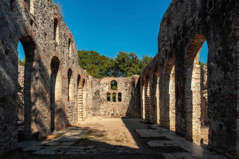 The Great Basilica in the archaeological ruins of Butrint or Butrinto National Park in Albania