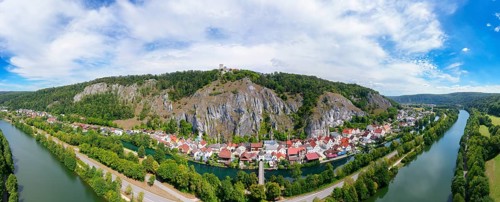 Aerial view, Main-Danube Canal, state road St 2230, Old Bridge, wooden bridge over branch of the