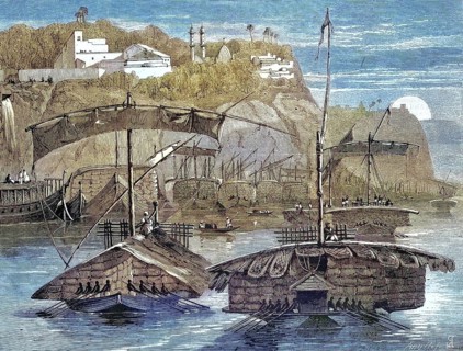 Cargo ships, cotton, Convoy with cotton cargo sailing down the Ganges, 1869, India, Historic,