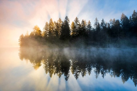 Sunrise over the mirror-smooth mire lake Étang de la Gruère in the canton of Jura, Switzerland,