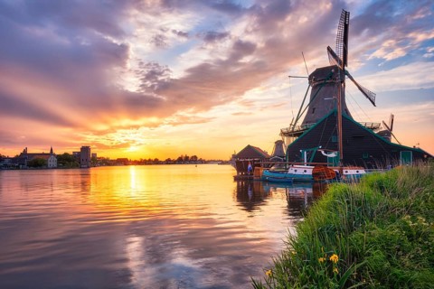 Netherlands rural scene, - windmills at famous tourist site Zaanse Schans in Holland on sunset with