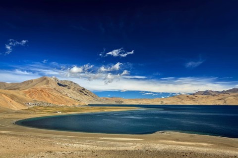 Himalayan lake Tso Moriri in Himalayas and Korzok village, Ladakh, India, Asia