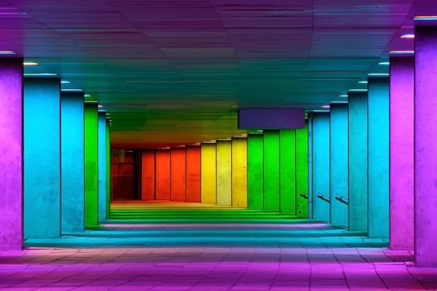Colorful mulitcolord illuminated gallery tunnel rainbow passage under NAI building, Nederlands