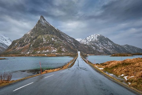Road in Norwegian fjord. Lofoten islands, Norway, Europe