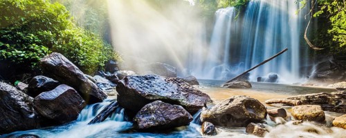 Panorama of Tropical waterfall Phnom Kulen, Cambodia, Asia