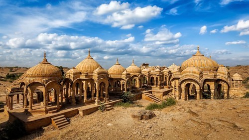 Panorama of Bada Bagh cenotaphs in Jodhpur, Rajasthan, India, Asia