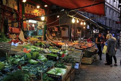 Palermo old town, market, market day in La Vucciria district, Mercato Vucciria, Sicily, Italy,