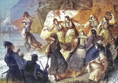Women in traditional traditional costume dancing Romaika, a folk dance from Greece, in 1869,