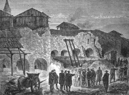 A Police Raid on the Quarries of America, 1868, Historic, digitally restored reproduction of an