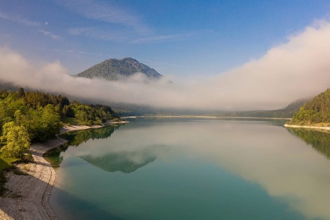 Early morning at the Sylvenstein reservoir, Reservoir in the Isarwinkel, municipality of Lenggries,