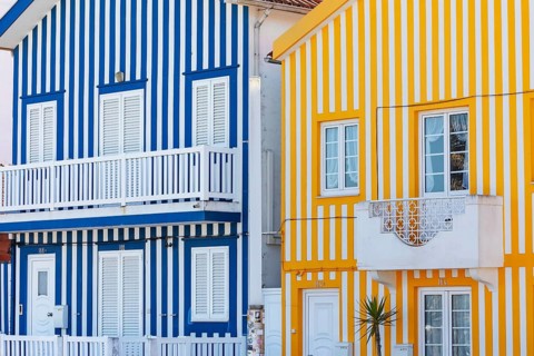 Traditional wooden striped house facade, Costa Nova do Prado, Aveiro, Portugal, Europe