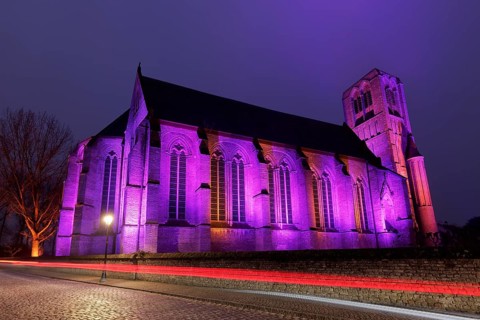 Gothic Church of Our Lady, Onze-Lieve-Vrouwekerk, colourfully illuminated, twilight, Damme, West