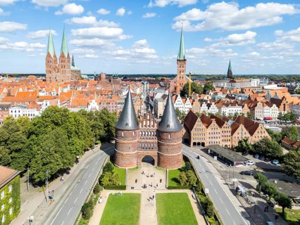Holstentor Holsten Tor aerial view in the Hanseatic city of Lübeck, Germany, Europe
