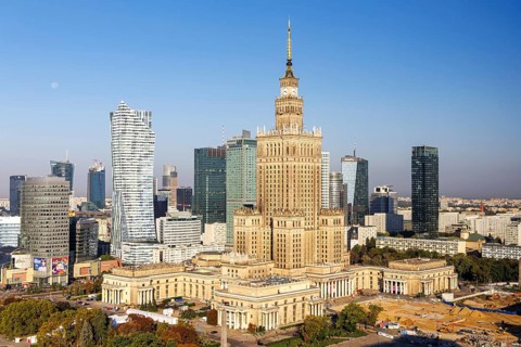 Warsaw skyline skyscrapers with Palace of Culture in the city centre in Warsaw, Poland, Europe