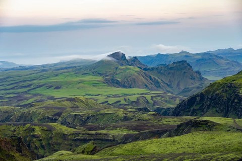 Moss-covered volcanic mountain landscape, Pakgil, Iceland, Europe