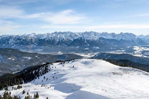 View of mountain panorama in winter, summit of Simetsberg, Estergebirge, Bavarian Prealps, Bavaria
