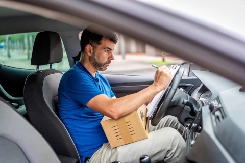 Side view from inside a vehicle of a serious delivery man writing and inventorying packages on a