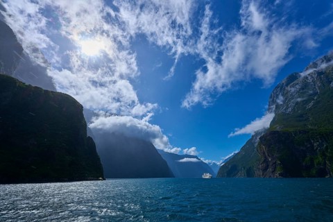Sunny landscape with mountains and a ship in the distance, summer, Milford Sound, Te Anau,
