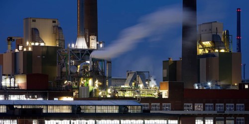 Bayer AG site in the evening, agrochemical and pharmaceutical company, Leverkusen, Bergisches Land,