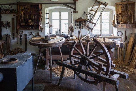 View into the historic workshop of a wheelwright, Seiffen Open-Air Museum, Erzgebirge, Saxony,