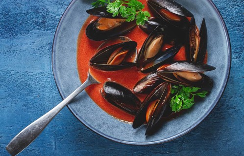 Fra Diavolo mussels, mussels in tomato sauce, Italian dish, on a blue background, homemade, no