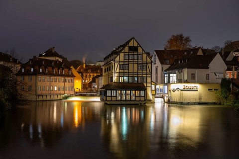 Building of the old town centre on the river Regnitz, Blue Hour, Bamberg, Upper Franconia, Bavaria,