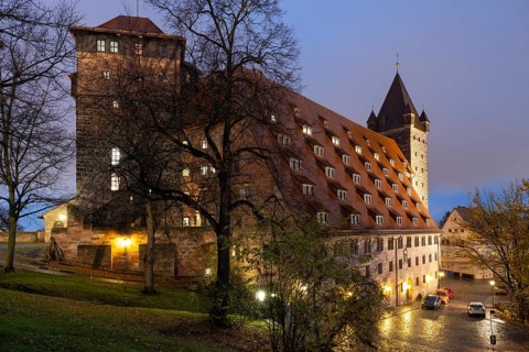 Former imperial stables at the Imperial Castle, now a youth hostel, Blue Hour, Nuremberg, Middle