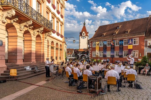Brass band on the market square at the town hall Gengenbach, Black Forest, Baden-Württemberg,