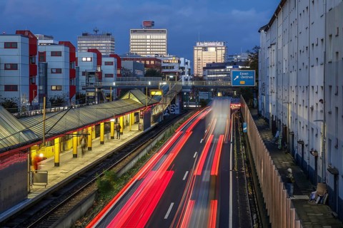 Essen, North Rhine-Westphalia, Germany, motorway A40 in the city centre, exit Essen Zentrum, during