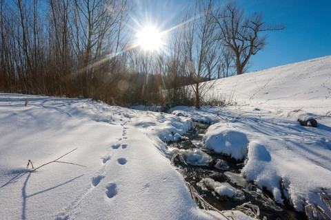 Bochum, North Rhine-Westphalia, Germany - Sunny winter landscape in the Ruhr area, ice and snow on