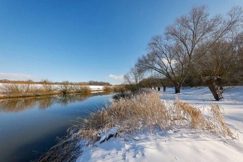 Dorsten, North Rhine-Westphalia, Germany - Sunny winter landscape in the Ruhr area, ice and snow on