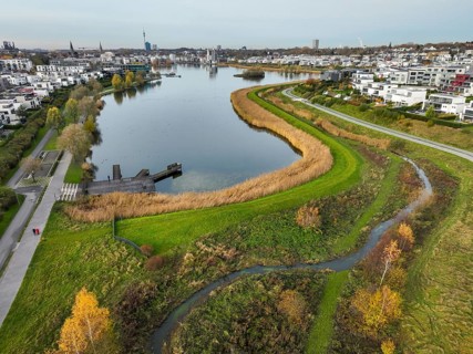 Dortmund, North Rhine-Westphalia, Germany, Phoenix Lake, front of the renaturalised Emscher. The