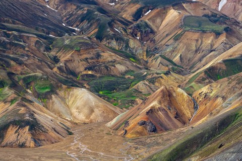 Rhyolite mountains, volcanic landscape, colourful erosion landscape with mountains,