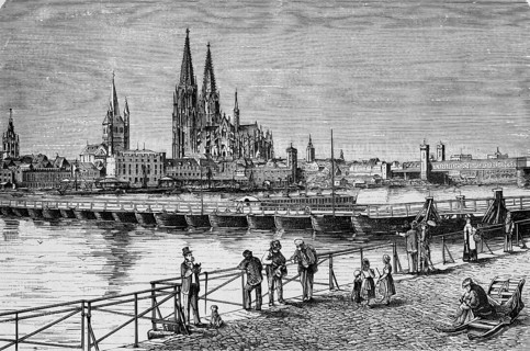 BLick across the Rein to Cologne Cathedral and Great St Martin's Church, city view of Cologne,
