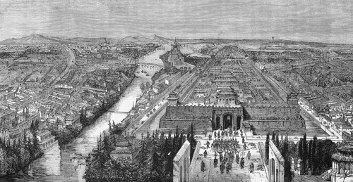 Cityscape from above with Imperial Palace of Peking or Beijing, city wall, river, old town,