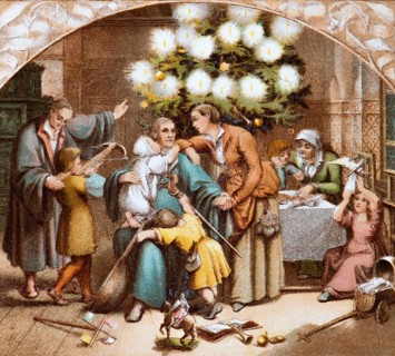 The Luther family celebrates a peaceful Christmas, living room with table and stove, Christmas tree