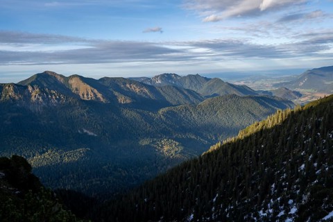 Forest-covered mountain landscape of the Ammergau Alps, hike to Kramerspitz, in autumn, Ammergau