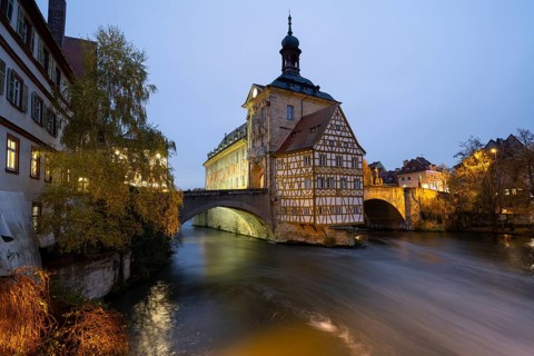 The old town hall on the river Regnitz, Blue Hour, Bamberg, Upper Franconia, Bavaria, Germany,